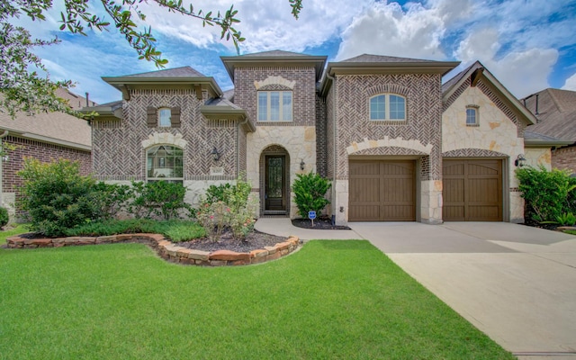 31297 New Forest Park Ln, Spring, TX 77386 - french provincial home featuring stone siding, concrete driveway, a front lawn, brick siding, and a garage