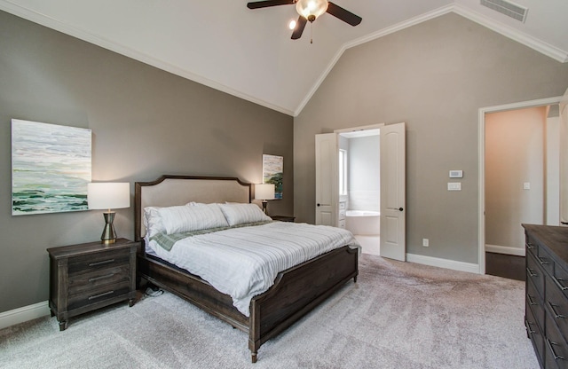 31297 New Forest Park Ln, Spring, TX 77386 - carpeted bedroom with ensuite bathroom, ceiling fan, ornamental molding, and high vaulted ceiling