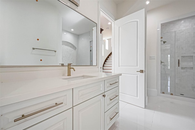825 W 16th St Unit A, Houston, TX 77008 - full bathroom with a stall shower, tile patterned floors, vanity, and recessed lighting