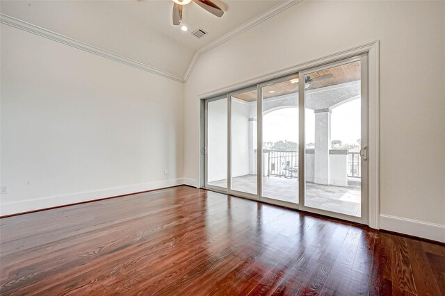 825 W 16th St Unit A, Houston, TX 77008 - spare room featuring ornamental molding, baseboards, a ceiling fan, wood finished floors, and vaulted ceiling