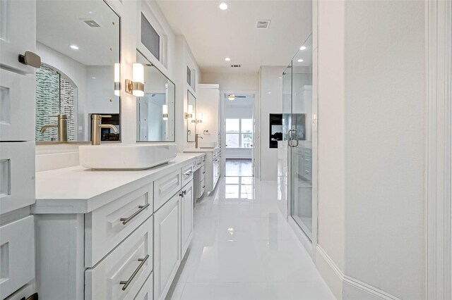 825 W 16th St Unit A, Houston, TX 77008 - full bathroom with tile patterned flooring, vanity, a stall shower, and recessed lighting