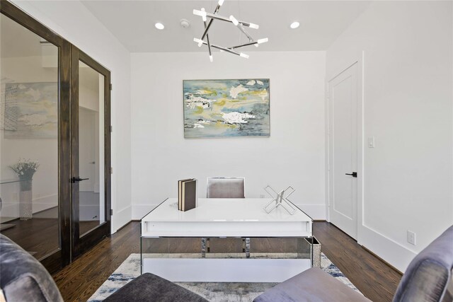 2310 Althea Dr, Houston, TX 77018 - office featuring dark wood-style flooring, a chandelier, french doors, and recessed lighting