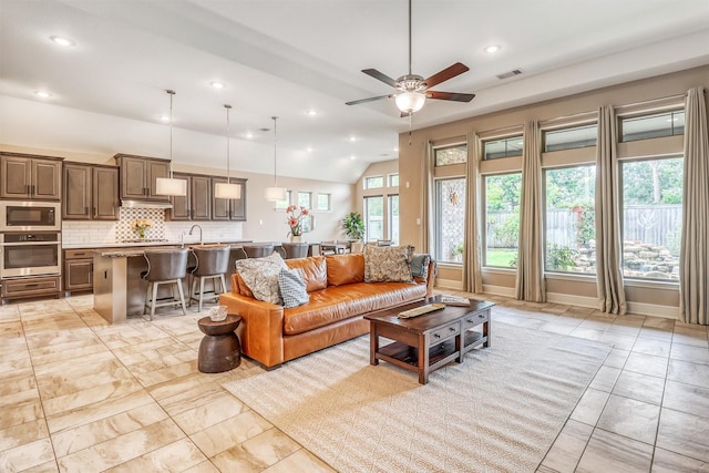 1010 Zoyas Creek Trl, Katy, TX 77494 - living room with a ceiling fan, recessed lighting, and vaulted ceiling