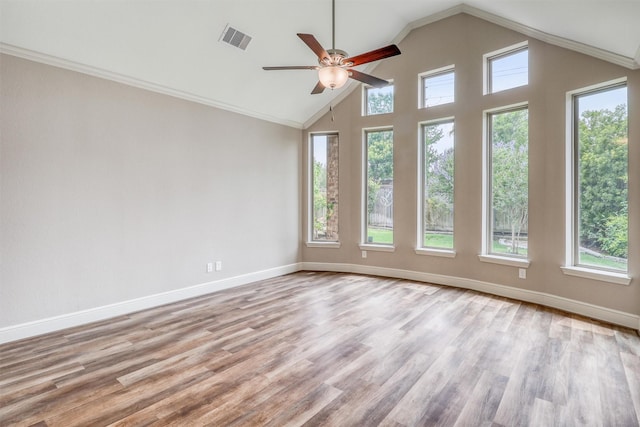 1010 Zoyas Creek Trl, Katy, TX 77494 - empty room featuring ceiling fan, baseboards, wood finished floors, and high vaulted ceiling