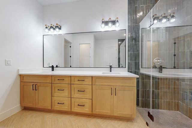 117 Keaau Ct, Bastrop, TX 78602 - full bath with a tile shower, double vanity, and baseboards