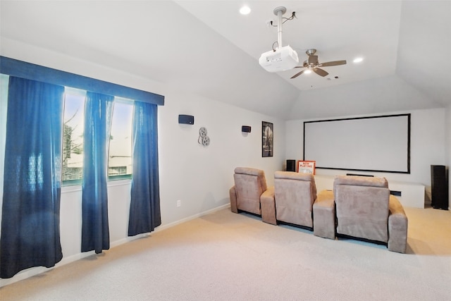 9034 Cedar Run Fls, Tomball, TX 77375 - carpeted home theater room featuring ceiling fan, vaulted ceiling, recessed lighting, and baseboards