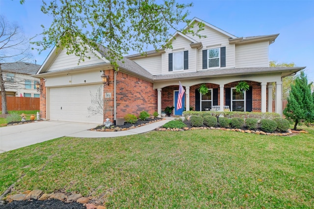 9034 Cedar Run Fls, Tomball, TX 77375 - traditional-style house featuring brick siding, a porch, concrete driveway, and an attached garage