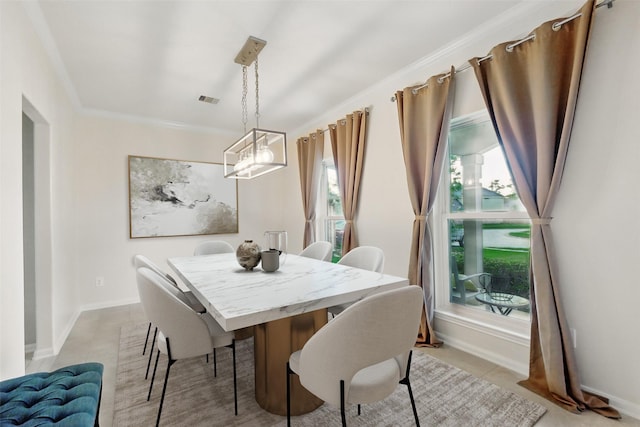 9034 Cedar Run Fls, Tomball, TX 77375 - dining room featuring a chandelier, light tile patterned flooring, crown molding, and baseboards