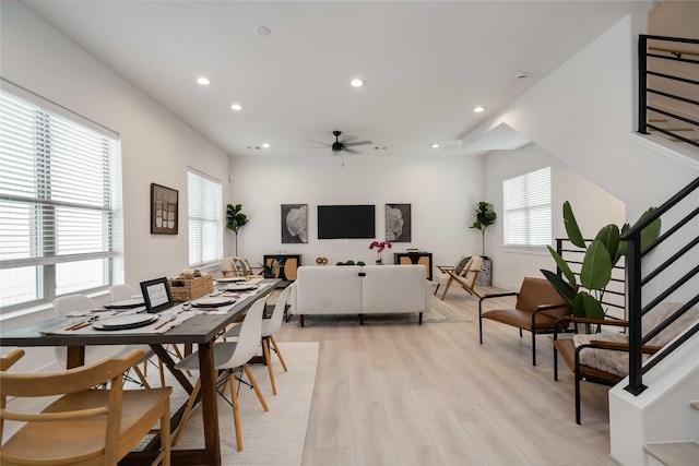 2520 Live Oak St, Houston, TX 77004 - dining room featuring plenty of natural light, recessed lighting, stairway, light wood finished floors, and a ceiling fan