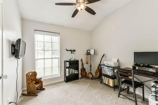9819 Orangevale Dr, Spring, TX 77379 - home office with a ceiling fan, carpet floors, vaulted ceiling, and baseboards