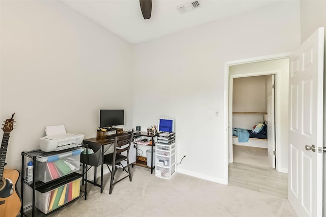 9819 Orangevale Dr, Spring, TX 77379 - home office featuring a ceiling fan, baseboards, and carpet floors
