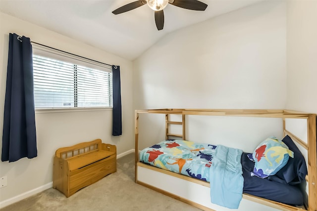 9819 Orangevale Dr, Spring, TX 77379 - bedroom featuring vaulted ceiling, carpet flooring, baseboards, and a ceiling fan