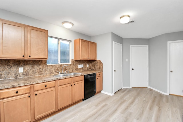 8907 Wildbird Ln, Humble, TX 77338 - kitchen with black dishwasher, a sink, light wood finished floors, decorative backsplash, and light countertops