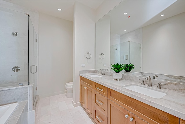801 E Beach Dr Unit Tw2806, Galveston, TX 77550 - full bathroom with toilet, a shower stall, a bath, double vanity, and recessed lighting