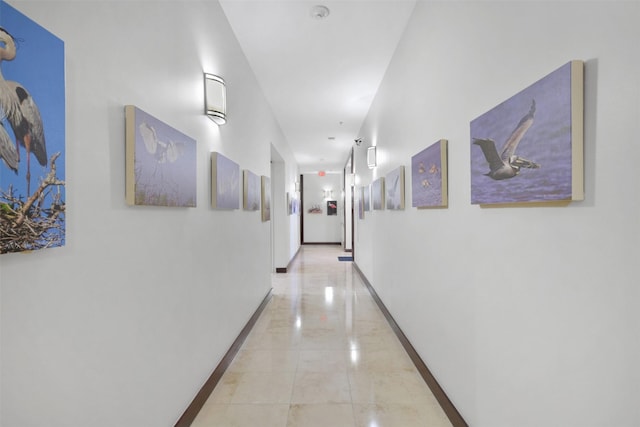 801 E Beach Dr Unit Tw2806, Galveston, TX 77550 - hallway featuring light marble finish flooring and baseboards