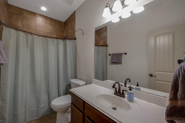 14610 Thunder Bay, Beach City, TX 77523 - bathroom featuring toilet, vanity, tile patterned flooring, and curtained shower
