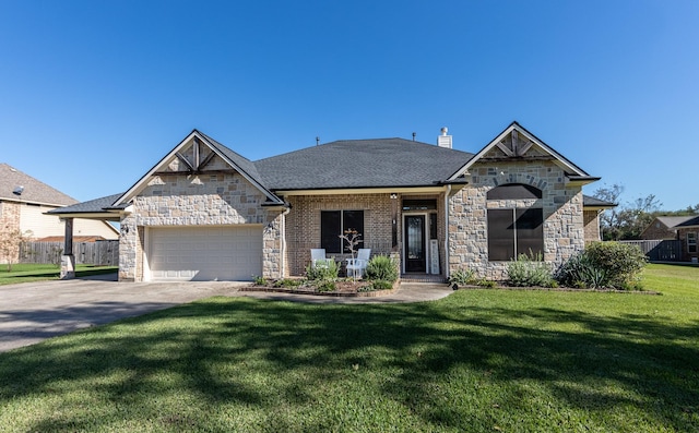 14610 Thunder Bay, Beach City, TX 77523 - french country style house with stone siding, asphalt driveway, a garage, and a chimney