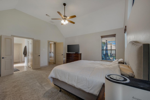 14610 Thunder Bay, Beach City, TX 77523 - bedroom featuring high vaulted ceiling, light colored carpet, and ceiling fan