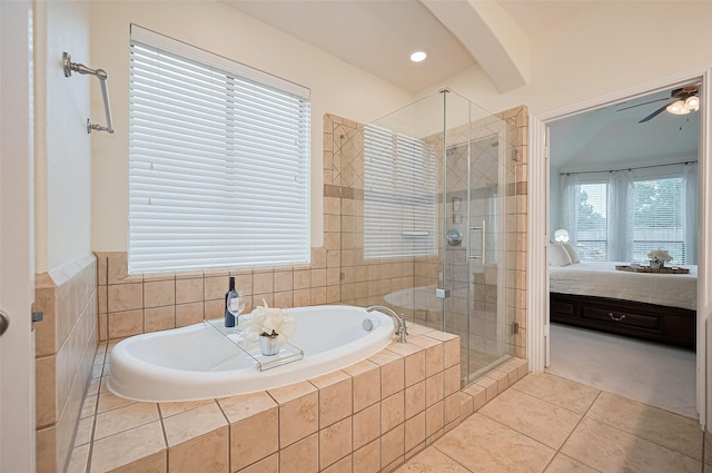 5003 Crystal Wind Ln, Katy, TX 77494 - full bath featuring connected bathroom, a bath, tile patterned floors, a stall shower, and recessed lighting