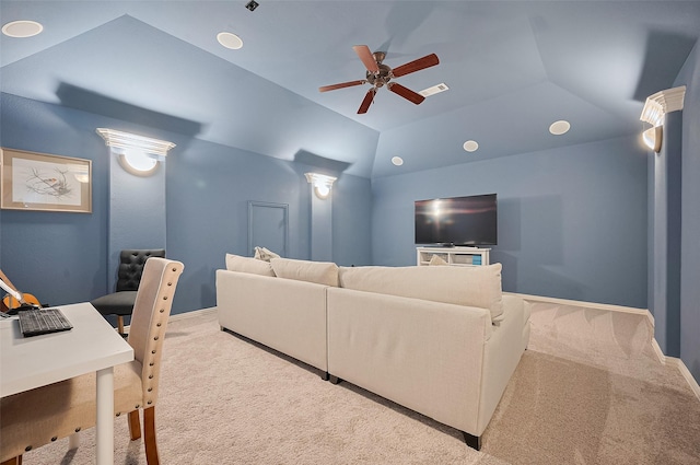 5003 Crystal Wind Ln, Katy, TX 77494 - carpeted home theater room with a ceiling fan, vaulted ceiling, and baseboards