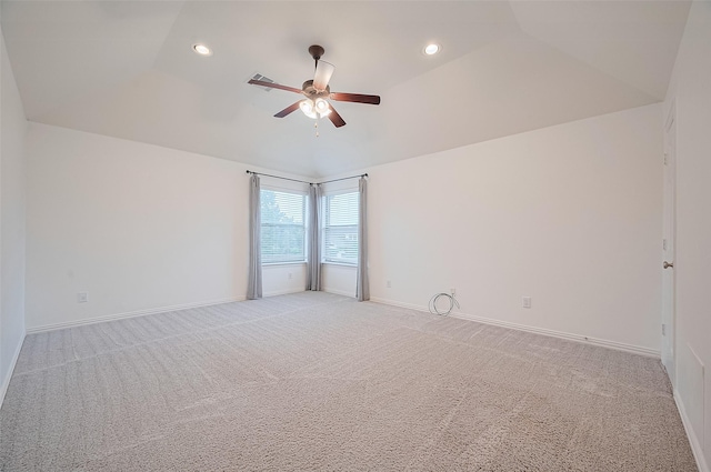 5003 Crystal Wind Ln, Katy, TX 77494 - spare room featuring ceiling fan, light colored carpet, recessed lighting, baseboards, and vaulted ceiling