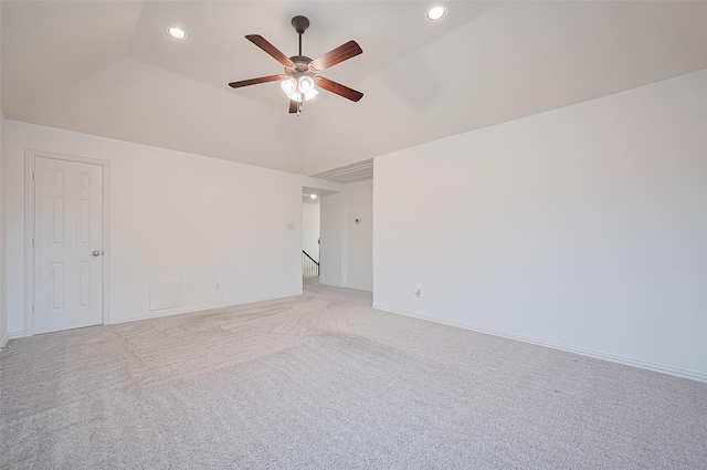 5003 Crystal Wind Ln, Katy, TX 77494 - spare room with ceiling fan, light carpet, recessed lighting, baseboards, and vaulted ceiling