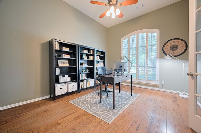 5003 Crystal Wind Ln, Katy, TX 77494 - office area with high vaulted ceiling, a ceiling fan, wood finished floors, and baseboards