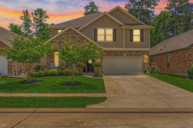 3933 Eagle Nest Lake Ln, Magnolia, TX 77354 - craftsman-style home featuring a garage, concrete driveway, a front yard, and stone siding