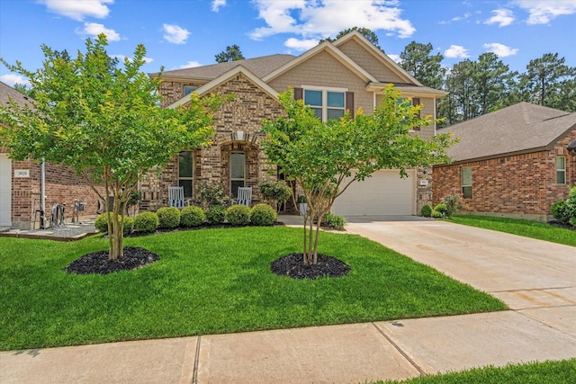 3933 Eagle Nest Lake Ln, Magnolia, TX 77354 - view of front of house featuring driveway, a front yard, a garage, and brick siding