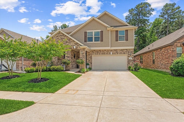 3933 Eagle Nest Lake Ln, Magnolia, TX 77354 - craftsman house featuring an attached garage, a front yard, driveway, and stone siding