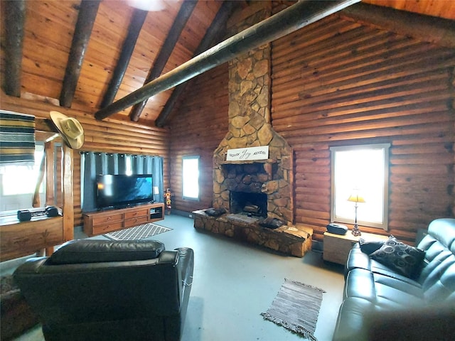 21403 Briar Meadow Rd N, Hempstead, TX 77445 - living room featuring finished concrete floors, high vaulted ceiling, a stone fireplace, wooden ceiling with exposed beams, and log walls