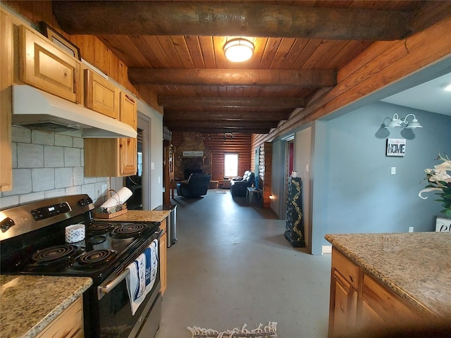 21403 Briar Meadow Rd N, Hempstead, TX 77445 - kitchen with stainless steel electric range, under cabinet range hood, concrete floors, wooden ceiling with exposed beams, and backsplash
