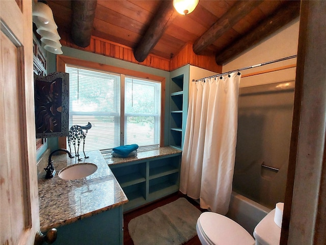 21403 Briar Meadow Rd N, Hempstead, TX 77445 - bathroom with vanity, toilet, wooden ceiling, and shower / tub combo