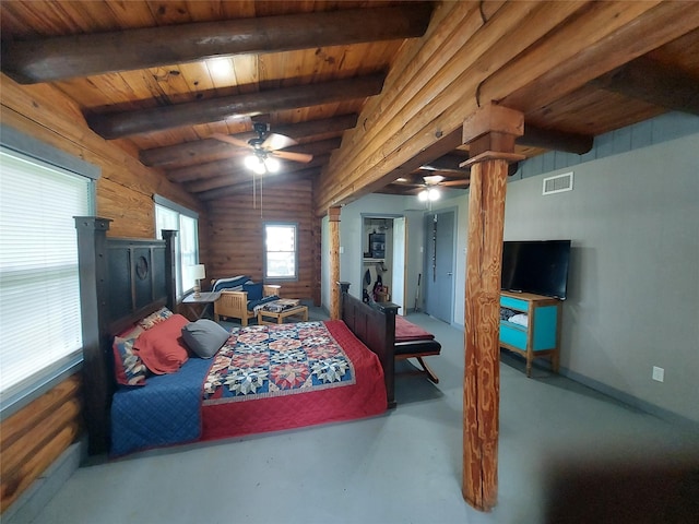 21403 Briar Meadow Rd N, Hempstead, TX 77445 - bedroom featuring concrete floors, wooden ceiling with exposed beams, and baseboards