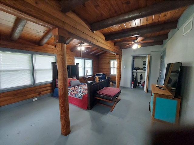 21403 Briar Meadow Rd N, Hempstead, TX 77445 - living room with a ceiling fan, wood ceiling with exposed beams, and finished concrete floors