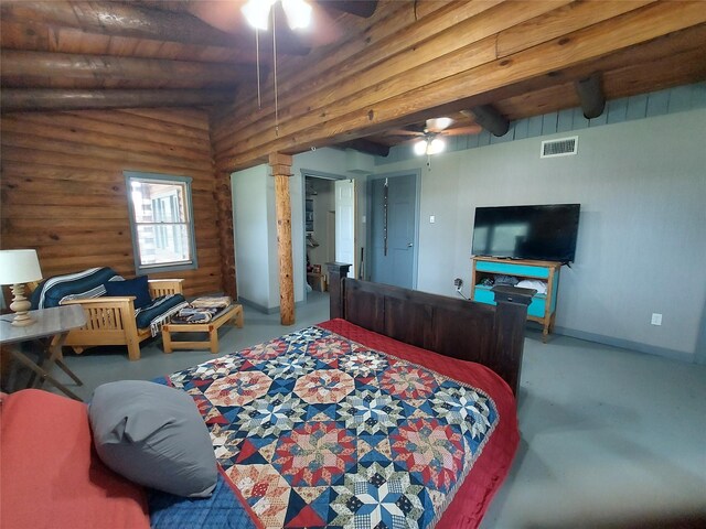 21403 Briar Meadow Rd N, Hempstead, TX 77445 - bedroom featuring rustic walls, beam ceiling, baseboards, and carpet floors