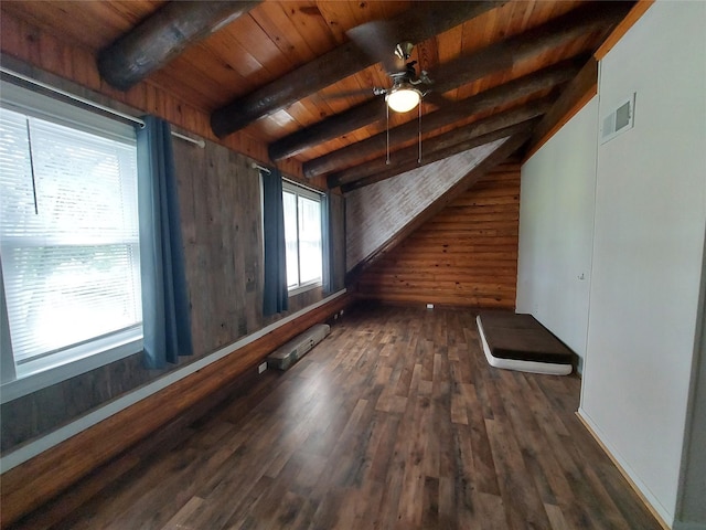 21403 Briar Meadow Rd N, Hempstead, TX 77445 - unfurnished room featuring wood ceiling with exposed beams, wood finished floors, a ceiling fan, baseboards, and wood walls