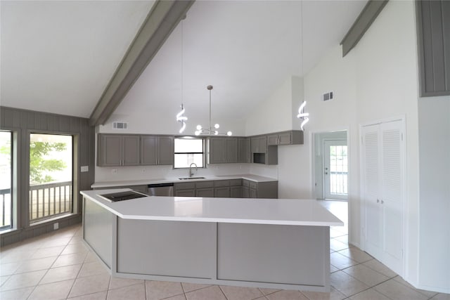 110 Bayou Dr, Baytown, TX 77520 - kitchen with a sink, gray cabinetry, high vaulted ceiling, light tile patterned floors, and beamed ceiling