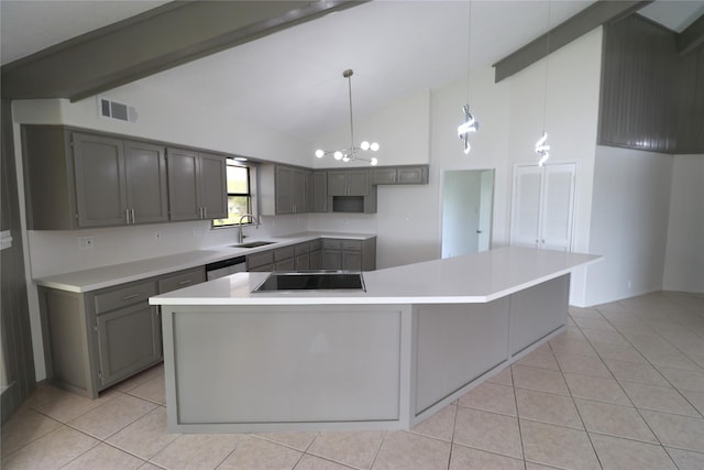 110 Bayou Dr, Baytown, TX 77520 - kitchen featuring a sink, black electric stovetop, light tile patterned flooring, gray cabinets, and beam ceiling