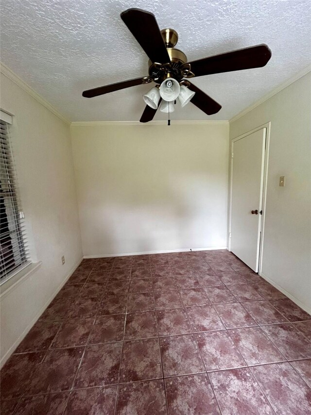 125 Mimosa Pt, Livingston, TX 77351 - unfurnished room featuring a textured ceiling, ceiling fan, ornamental molding, and tile patterned floors
