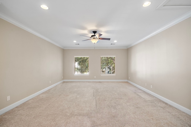 3327 Elmridge St, Houston, TX 77025 - unfurnished room with ceiling fan, recessed lighting, crown molding, baseboards, and light colored carpet