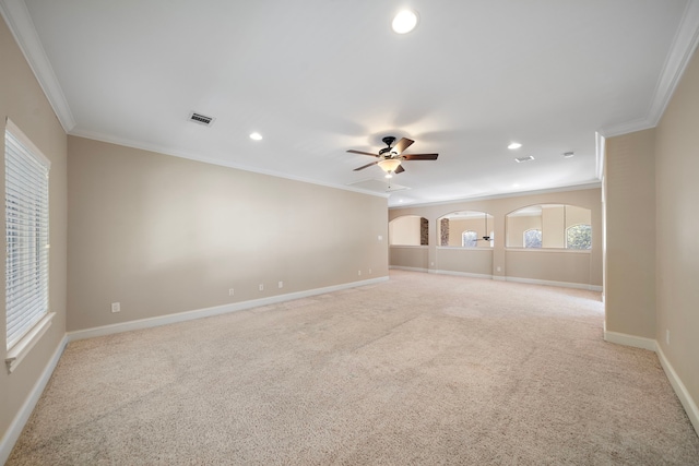3327 Elmridge St, Houston, TX 77025 - carpeted empty room featuring crown molding, baseboards, recessed lighting, and a ceiling fan
