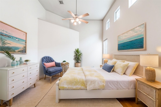 403 Harborside Way, Kemah, TX 77565 - bedroom with high vaulted ceiling and ceiling fan