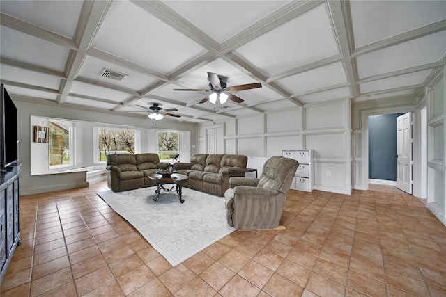 6803 Shady Ln, Richmond, TX 77406 - living area featuring coffered ceiling, a ceiling fan, a decorative wall, light tile patterned floors, and beamed ceiling