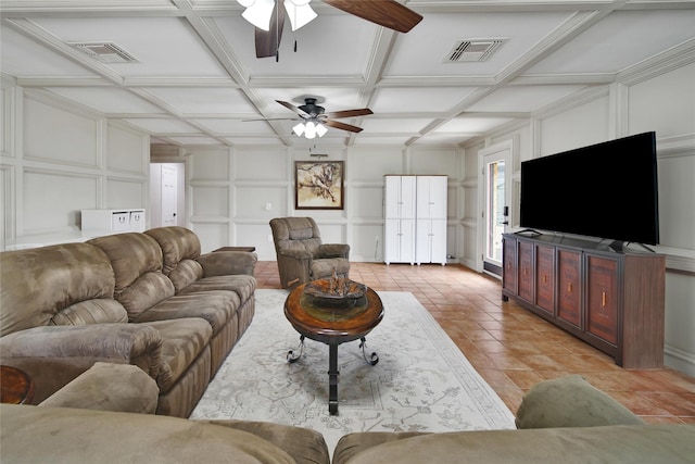 6803 Shady Ln, Richmond, TX 77406 - living area with a ceiling fan, a decorative wall, coffered ceiling, and light tile patterned floors