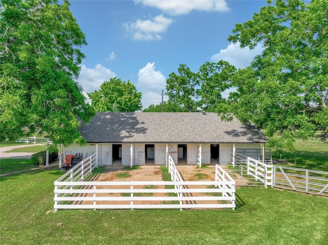 6803 Shady Ln, Richmond, TX 77406 - ranch-style home with an exterior structure, roof with shingles, and an outdoor structure