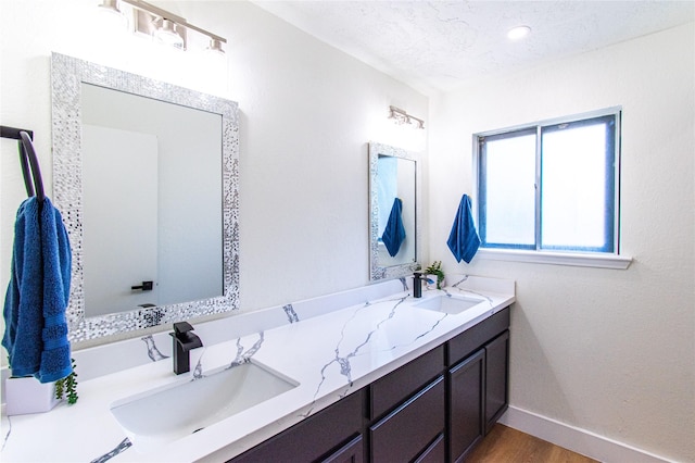 12419 Huntington Field Dr, Houston, TX 77099 - full bath with double vanity, baseboards, wood finished floors, and a textured ceiling