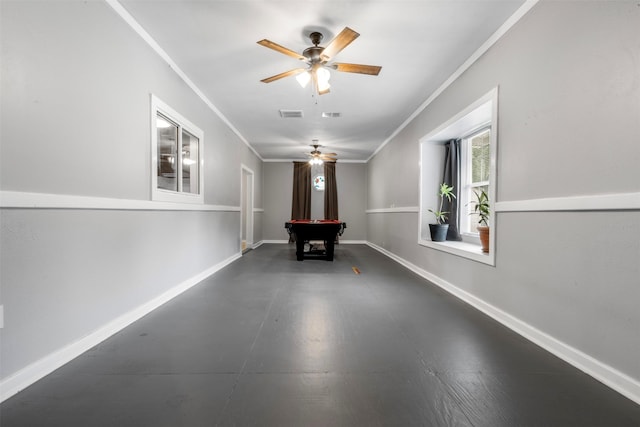 17520 E Williams Rd, Conroe, TX 77303 - rec room featuring ornamental molding, ceiling fan, billiards table, and baseboards