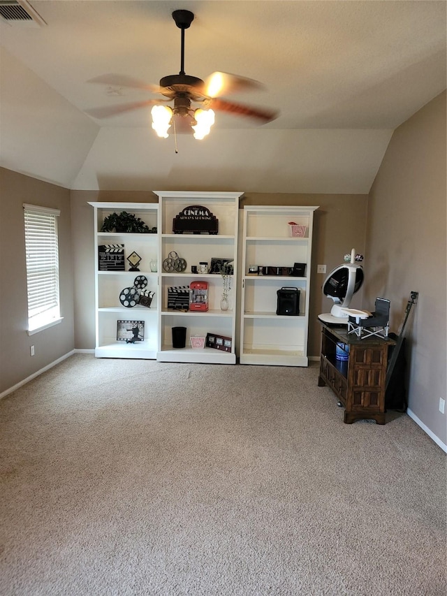 5647 Horseshoe Fls, Missouri City, TX 77459 - office area featuring lofted ceiling, light colored carpet, a ceiling fan, and baseboards