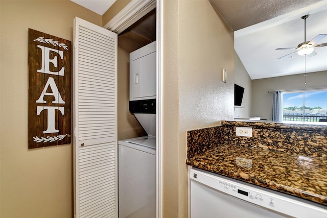 12800 Melville Dr Unit B302, Montgomery, TX 77356 - washroom featuring estacked washer and dryer and a ceiling fan